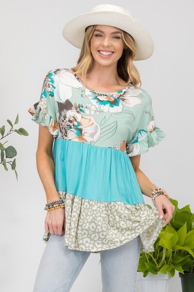 Celeste Printed Color Block Ruffled Short Sleeve Top Mint Floral