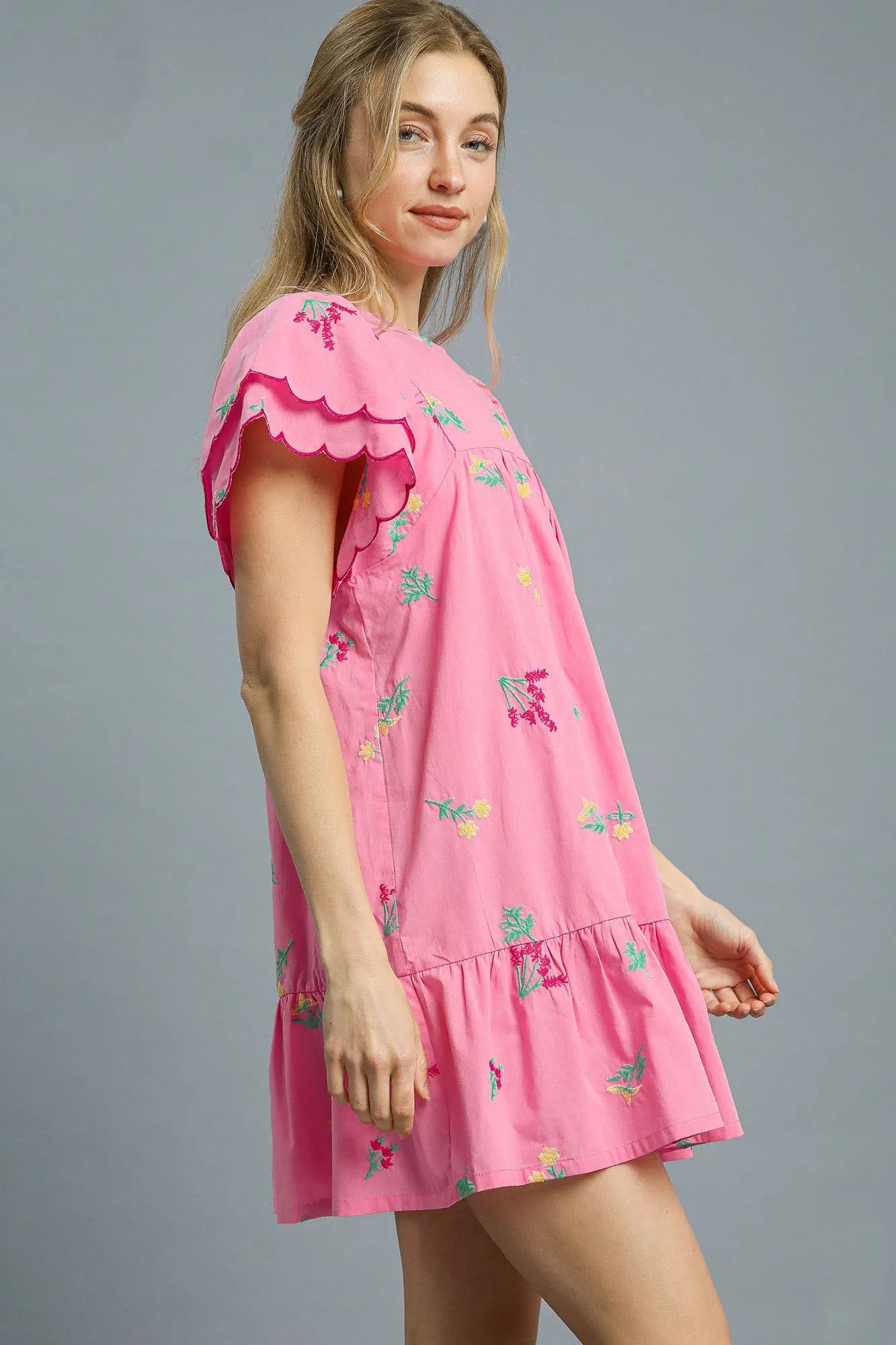 Umgee Pink Floral Embroidered Short Sleeve Babydoll Mini Dress Dresses