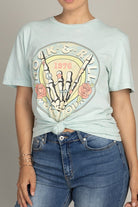 Lotus Fashion Collection Rock & Roll World Tour Graphic Top Mint Mineral Wash Lotus Fashion Collection