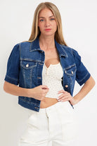 RISEN Dark Washed Puffed Short Sleeve Crop Denim Jacket