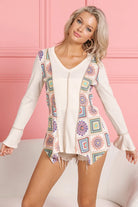 BiBi Cream Granny Square Print Contrast Annie Rib V Neck Top
