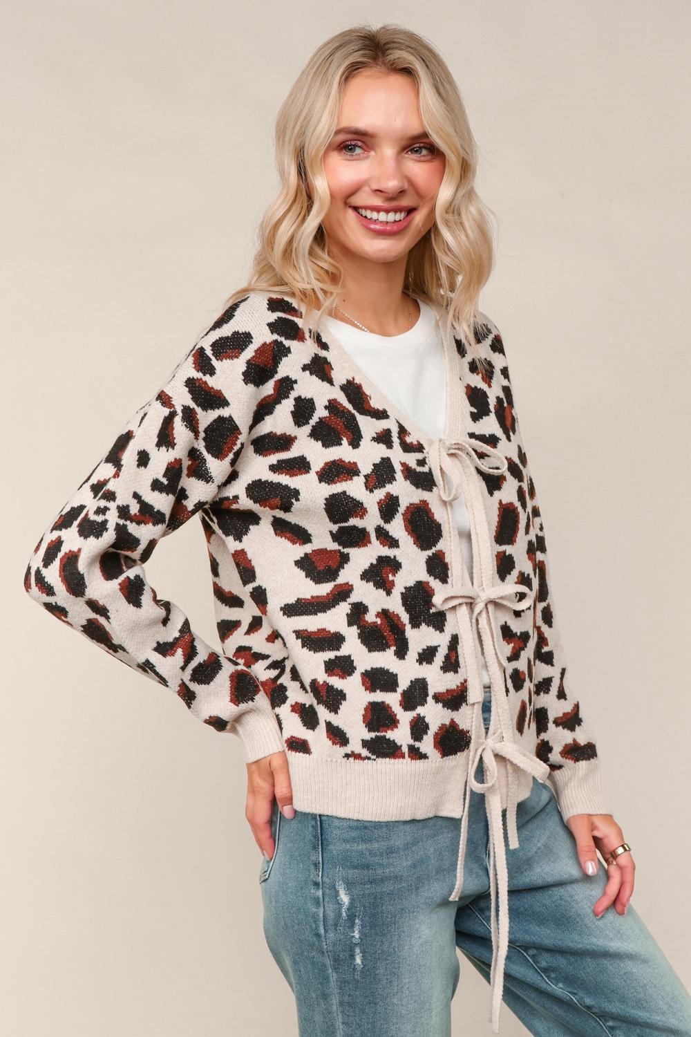Haptics Leopard Jacquard Cardigan with Front Bow Detail