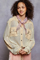 POL Cream Multi Texture Woven Button Down Hooded Shirt with Drawstring Hem CREAM MULTI