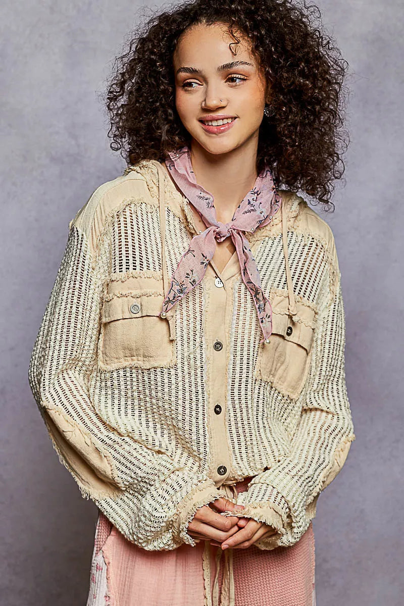 POL Cream Multi Texture Woven Button Down Hooded Shirt with Drawstring Hem CREAM MULTI