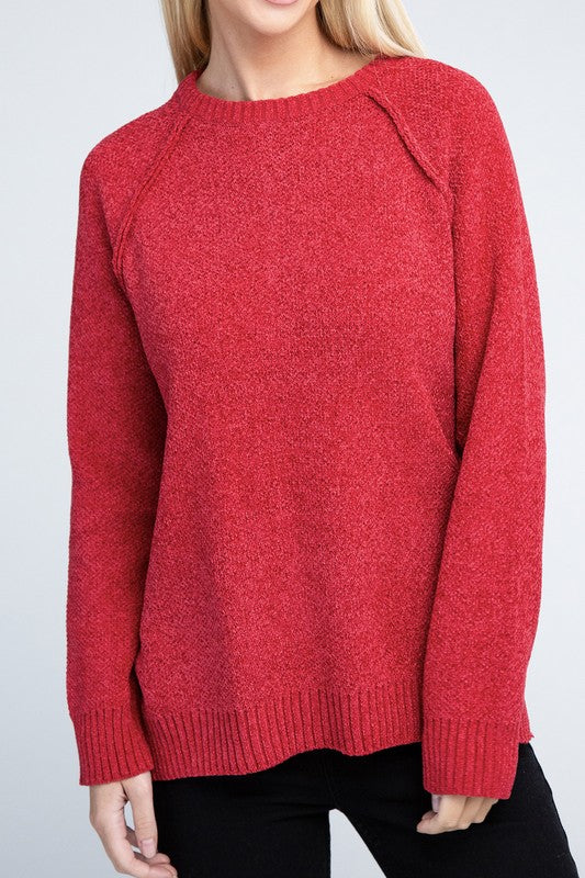 Zenana Raglan Chenille Long Sleeve Sweater DK RED ZENANA