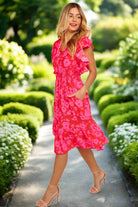 Haptics Remember Me Red & Pink Floral Print Smocked Waist Midi Dress Haptics