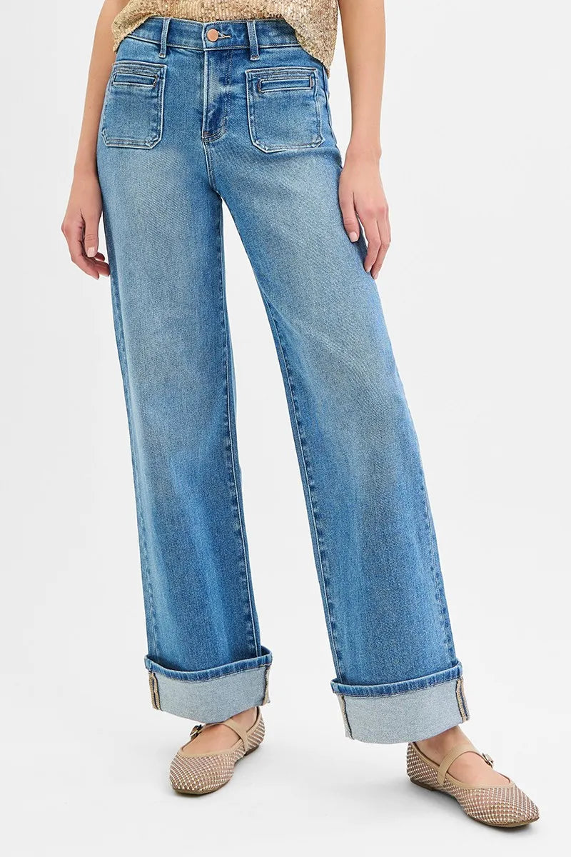 RISEN Elastic Band Mid Rise Wide Front Patch Pocket Cuff Jeans