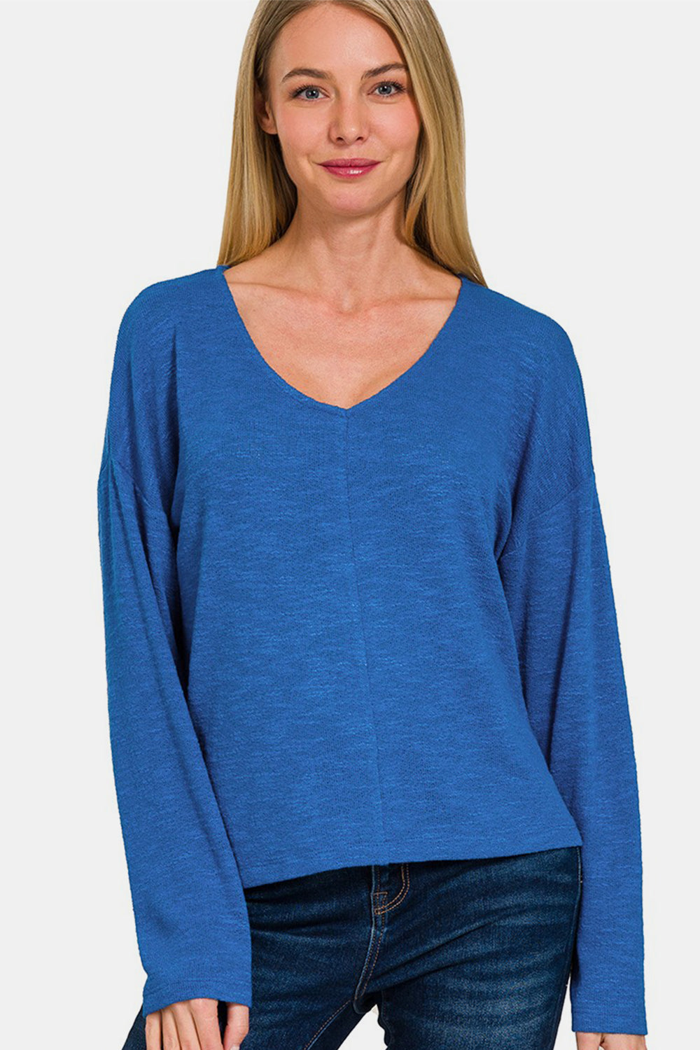 Zenana Classic Blue Dropped Shoulder Long Sleeve Top Classic Blue Trendsi