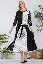 Celeste Black & White Polka Dot Front Tie Midi Dress