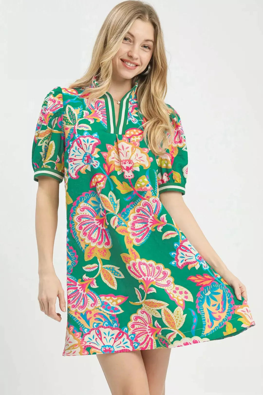 Umgee Jacquard Paisley Print Puff Sleeve Tunic Dress EMERALD MIX