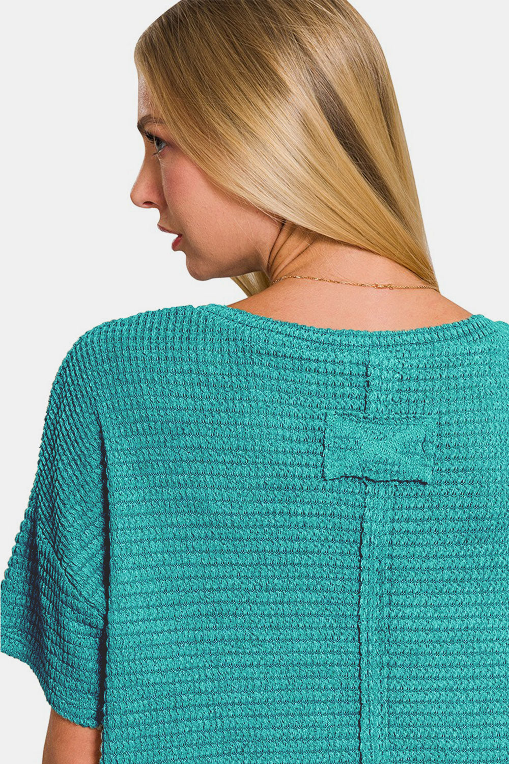 Zenana Light Teal Drop Shoulder Short Sleeve Jacquard Knit Top Trendsi