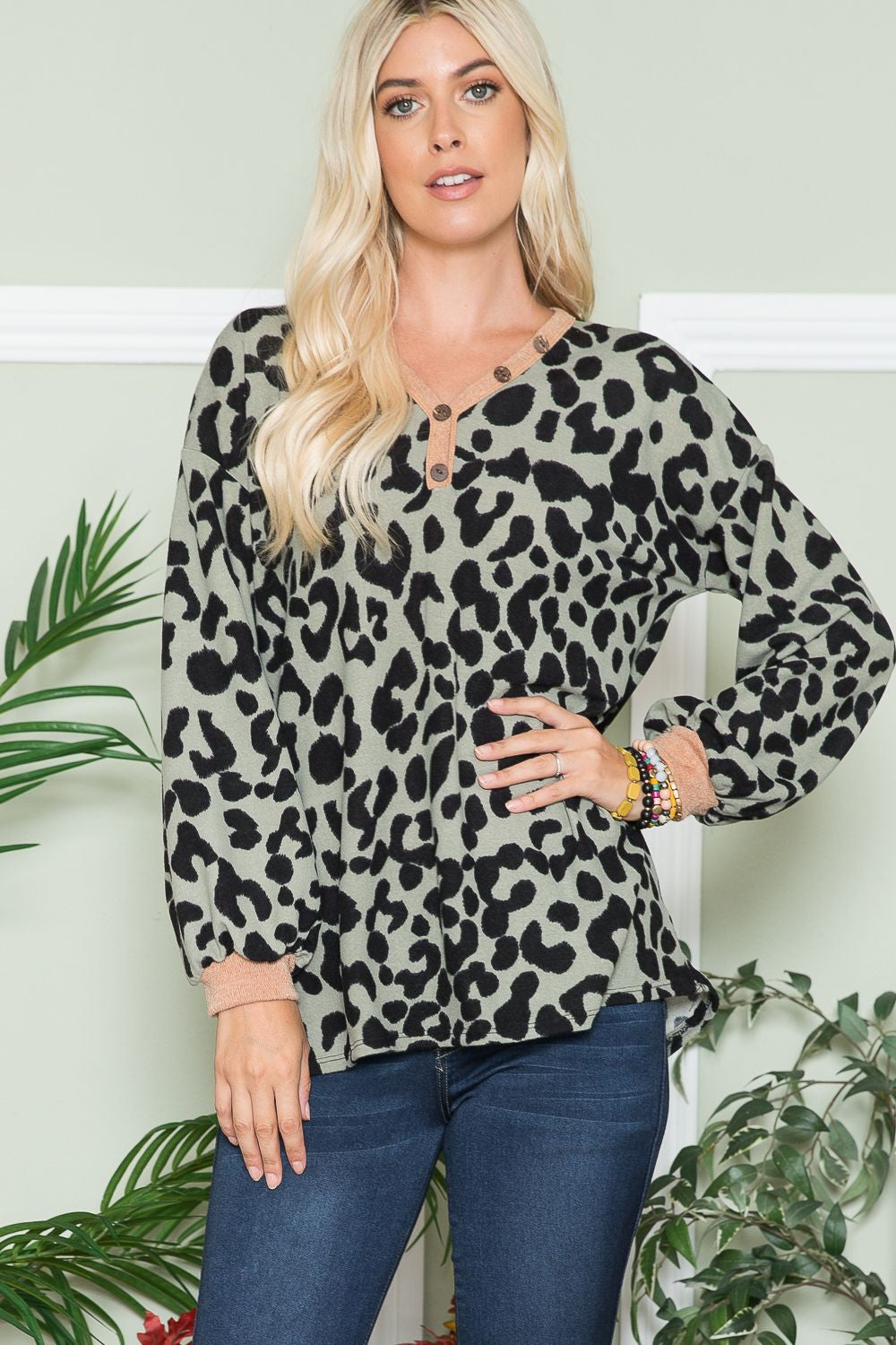 Celeste Olive Leopard V-Neck Long Sleeve Blouse Olive Leopard Shirts & Tops