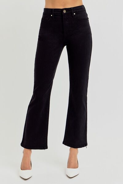 RISEN Black Tummy Control Elastic Band High Rise Crop Straight Jeans Black