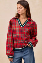 BiBi Christmas Red Plaid Collared Top with Ruffled Detail
