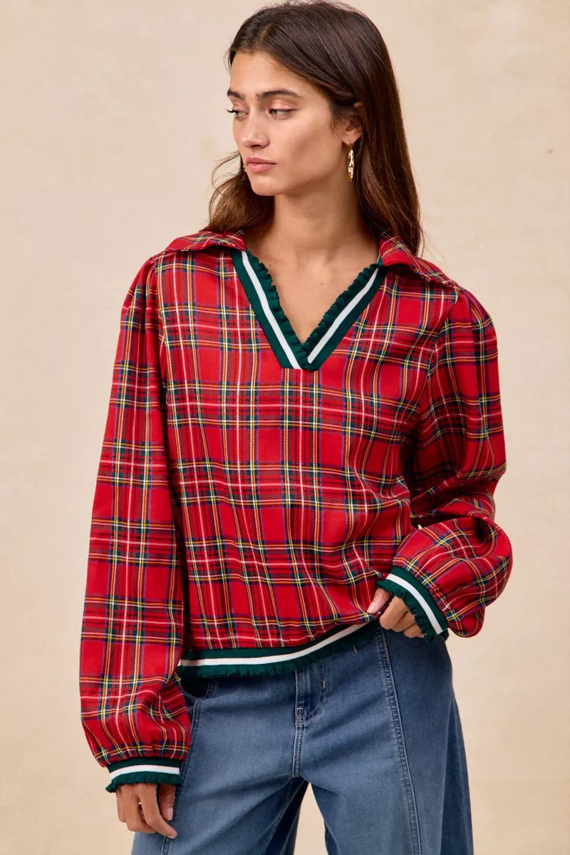 BiBi Christmas Red Plaid Collared Top with Ruffled Detail