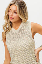 BiBi Oatmeal Knitted Beaded Pearl V Neck Sleveless Sweater Top
