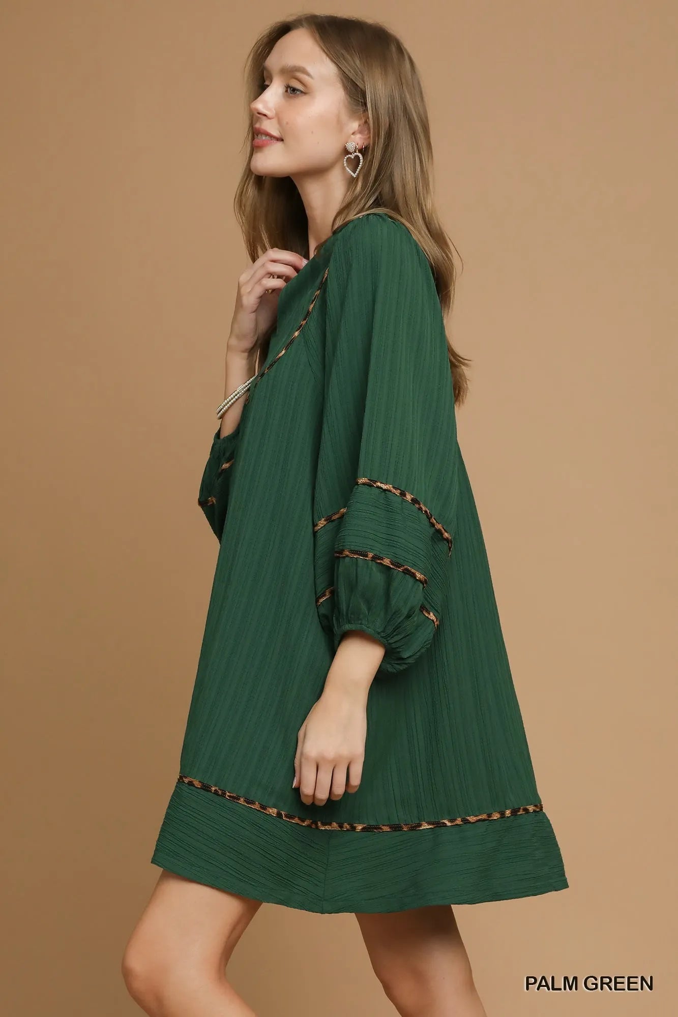 Umgee Palm Green Textured Babydoll Dress with Leopard Trim