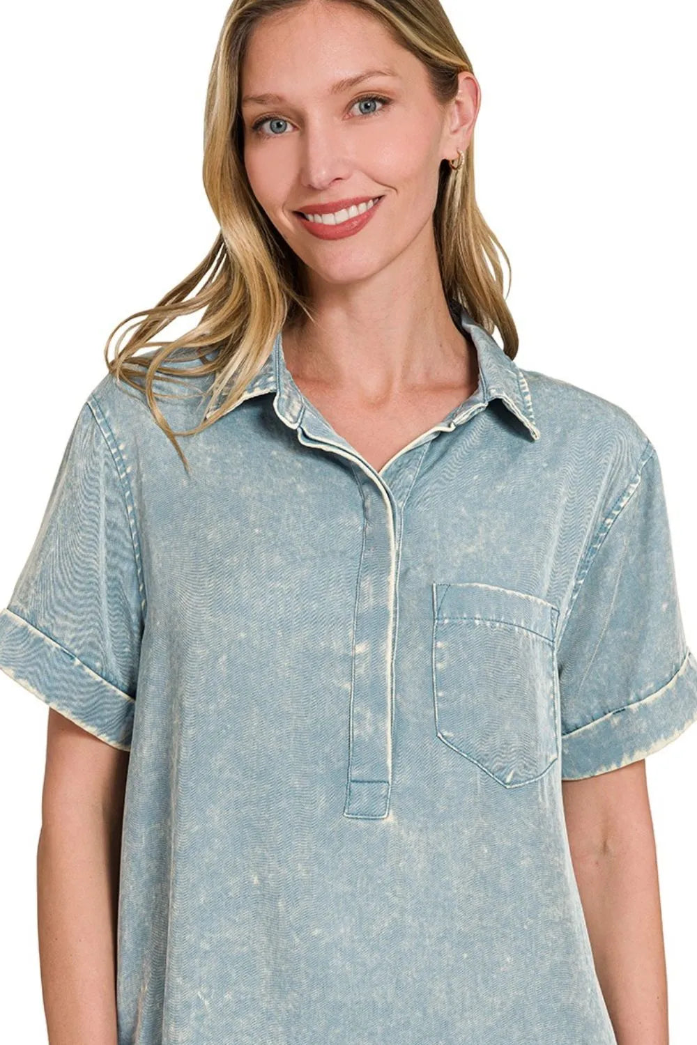 Zenana Blue Grey Tencel Mineral Washed Collared Shirt Dress