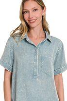 Zenana Blue Grey Tencel Mineral Washed Collared Shirt Dress