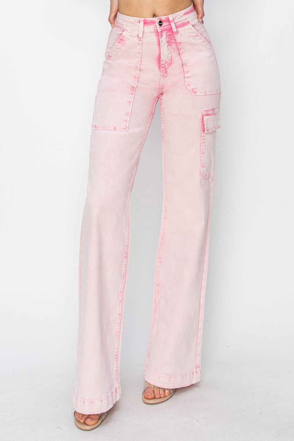 RISEN Pink Acid Washed High Rise Wide Leg Cargo Pocket Jeans Trendsi