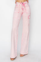 RISEN Pink Acid Washed High Rise Wide Leg Cargo Pocket Jeans Trendsi