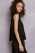 POL Black Round Neck Sleeveless Top with Crochet Contrast