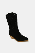 Beast Fashion Black Faux Suede Laser Cut Detail Block Heel Boots Shoes