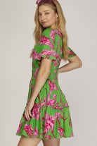 She + Sky Green Printed Notched Short Sleeve Frill Tiered Dress