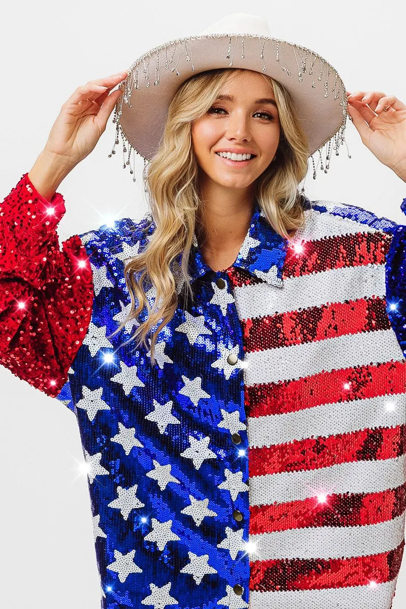 BiBi Velvet Sequin American Flag Long Sleeve Top