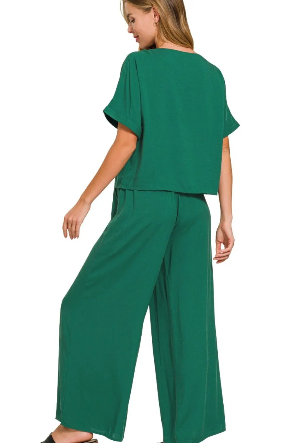 Zenana Dark Green Round Neck T-Shirt and Wide Leg Pants Set