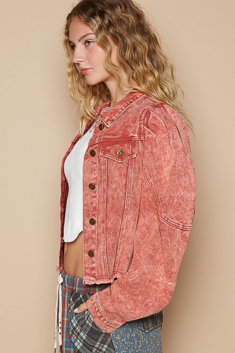 POL Brick Red Washed Raw Hem Button Up Cropped Denim Jacket Trendsi