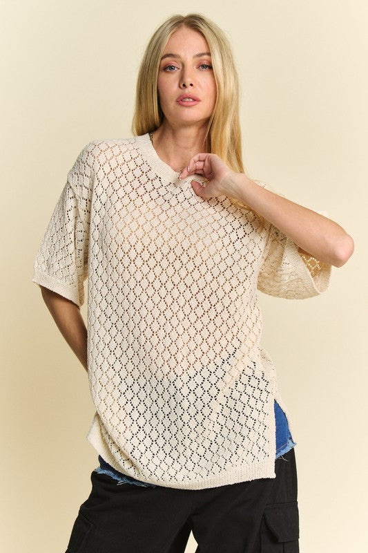 Davi & Dani Cream Beige Side Slit Openwork Round Neck Half Sleeve Knit Cover Up Shirts & Tops