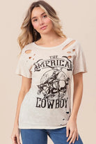 BiBi Taupe Cotton Slub Laser Top American Cow Boy Graphic