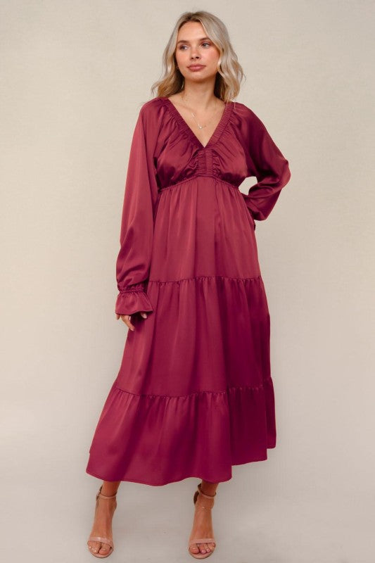 Haptics Burgundy V-Neck Satin Maxi Dress