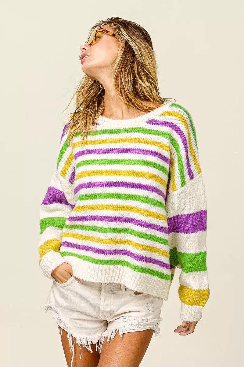 BiBi Ivory Mardi Gras Colors Stripe Comfy Sweater