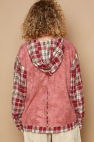 POL Red Bean Washed Star Patch Plaid Long Sleeve Hooded Top Trendsi