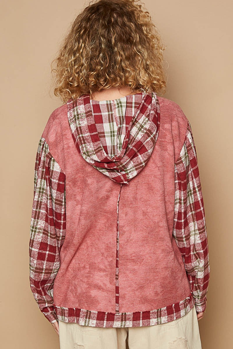 POL Red Bean Washed Star Patch Plaid Long Sleeve Hooded Top Trendsi