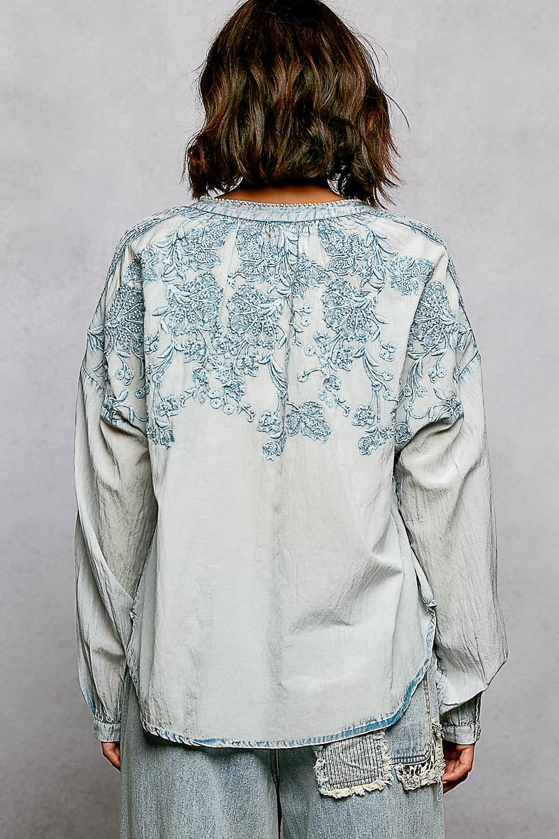 POL Denim Blue Floral Embroidered Button Down Long Sleeve Shirt