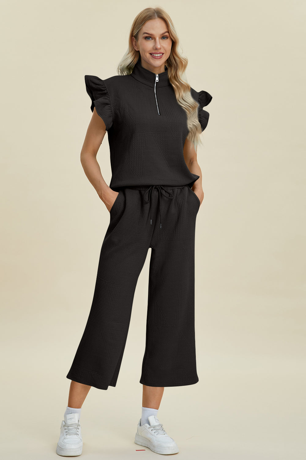 Double Take Geometric Textured Ruffle Short Sleeve Top and Wide Leg Pants Set Black Trendsi