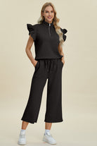 Double Take Geometric Textured Ruffle Short Sleeve Top and Wide Leg Pants Set Black Loungewear