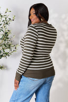 Zenana Dark Olive & Ivory Striped Snap Down Cardigan Trendsi