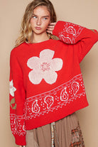 POL Red Flower Lace Patch Long Sleeve Sweater Red Trendsi