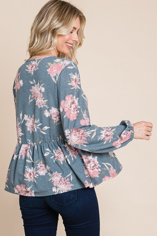 Super Lady Babydoll Floral Long Sleeve Blouse Shirts & Tops