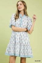 Umgee Blue Mix Striped Trim Floral Tiered Mini Dress BLUE MIX