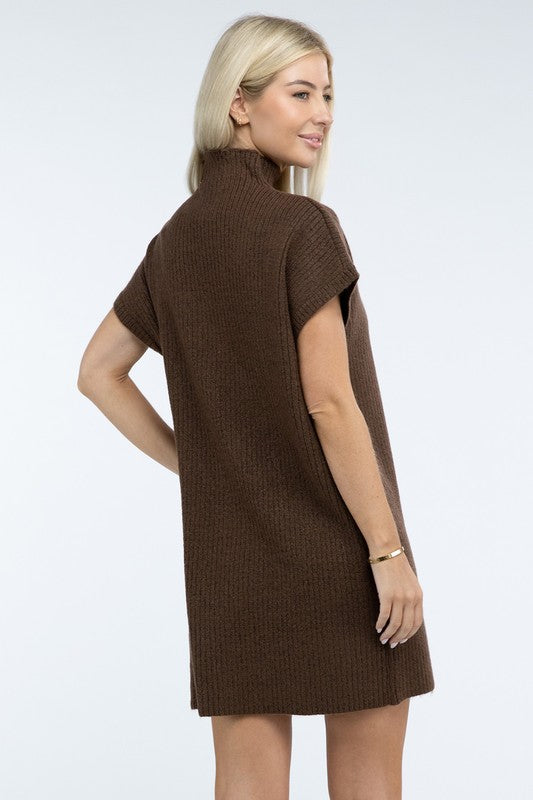 Zenana Mock Neck Short Sleeve Sweater Dress with Pocket in 6 Colors! ZENANA