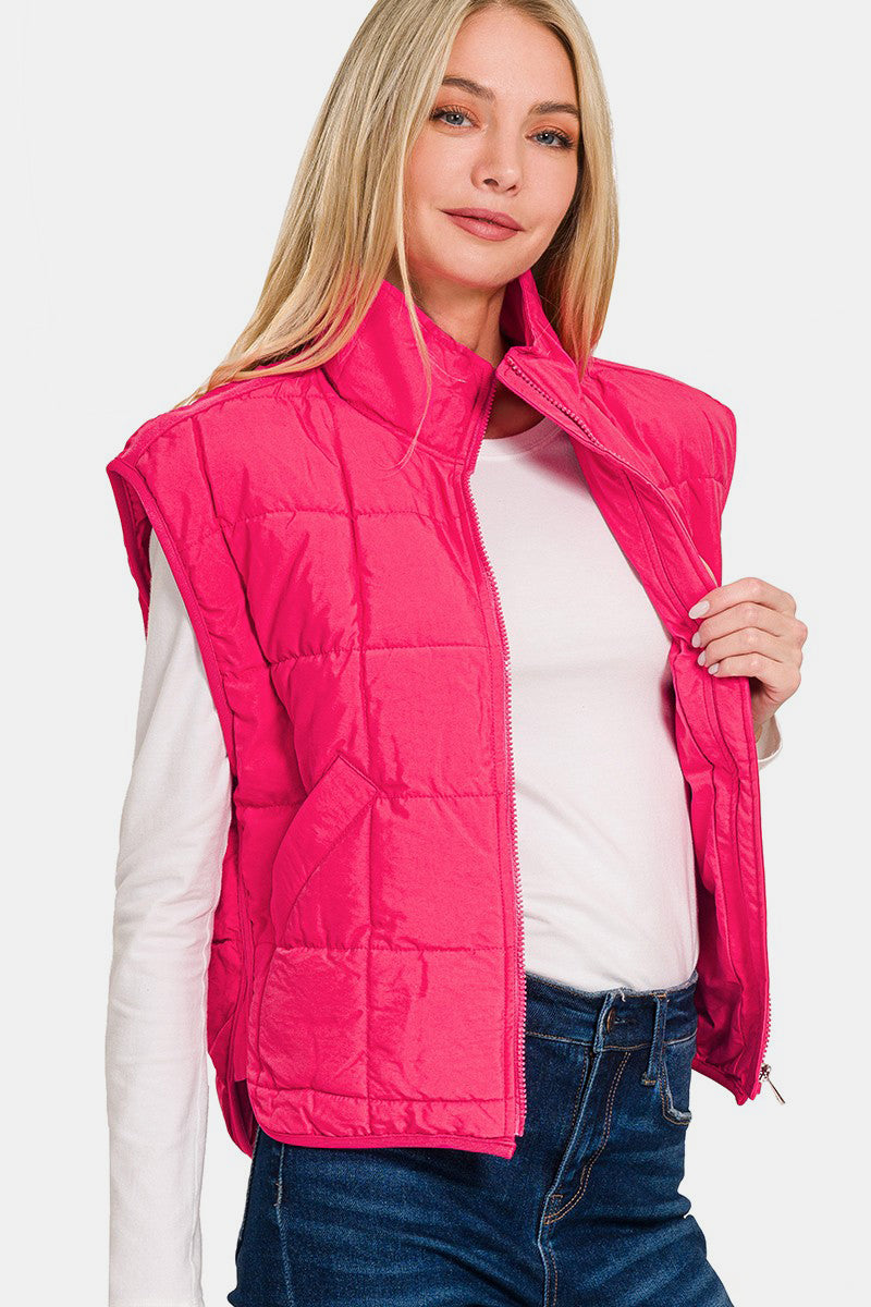 Zenana Hot Pink Zip Up Cropped Puffer Vest with Pockets Trendsi