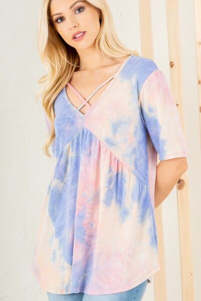 Heimish Crisscross Tie Dye Blue & Pink Babydoll Top