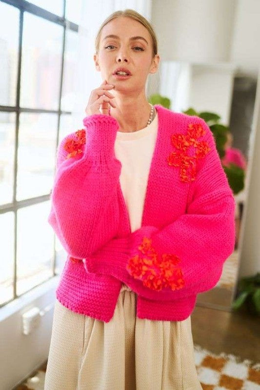 Davi & Dani Hot Pink Floral Applique Open Front Drop Shoulder Cardigan Hot Pink Trendsi