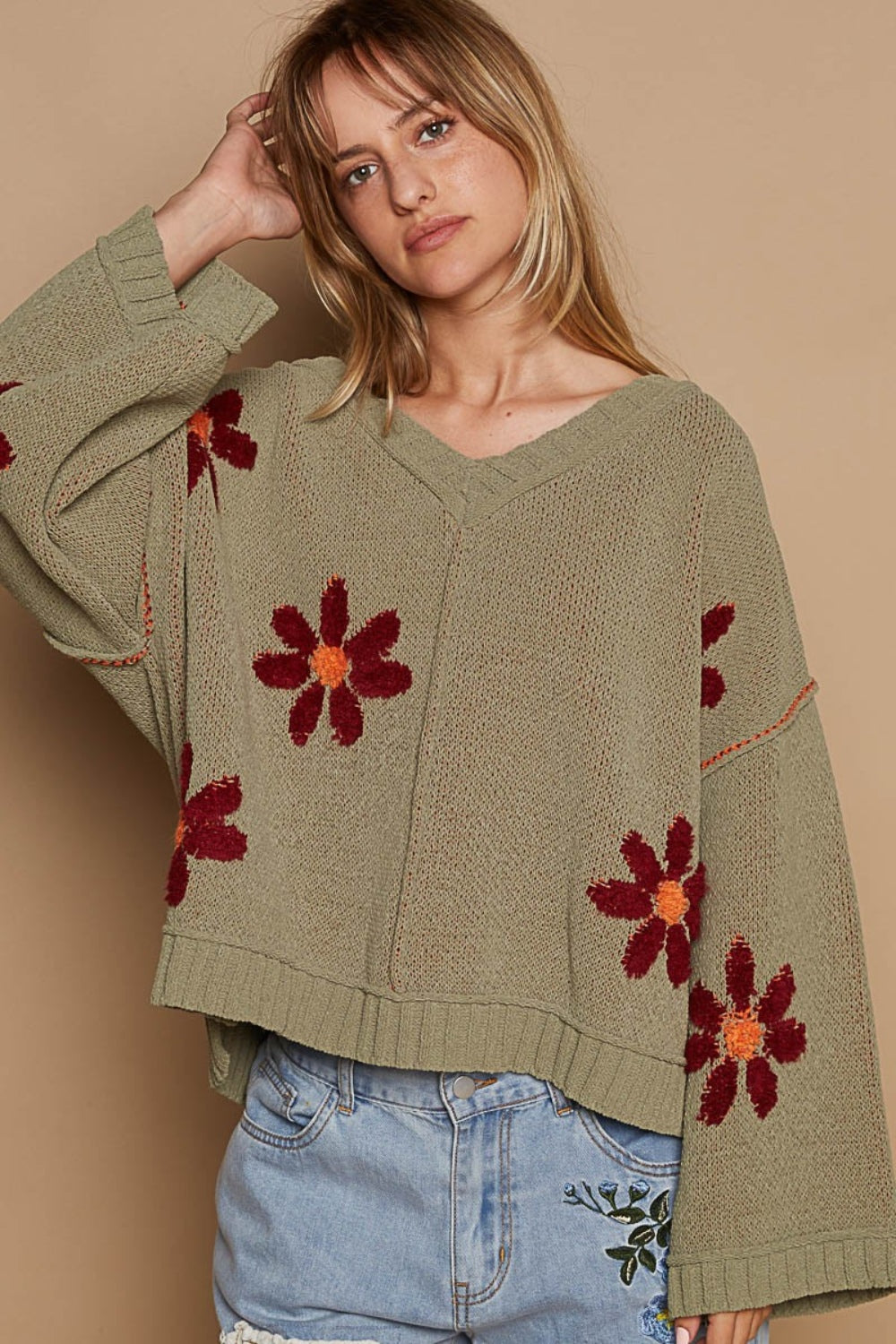 POL Olive V-Neck Floral Pattern Chenille Sweater Trendsi