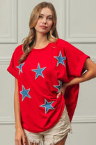 BiBi Red Beaded Stars Appliques Fourth Of July Terry T-Shirt